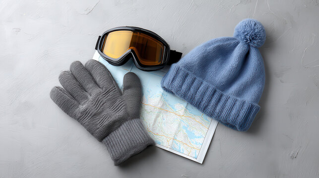 Winter ski snowboard travel gear includes cozy blue hat gray gloves and protective goggles placed on mountain map for adventure planning