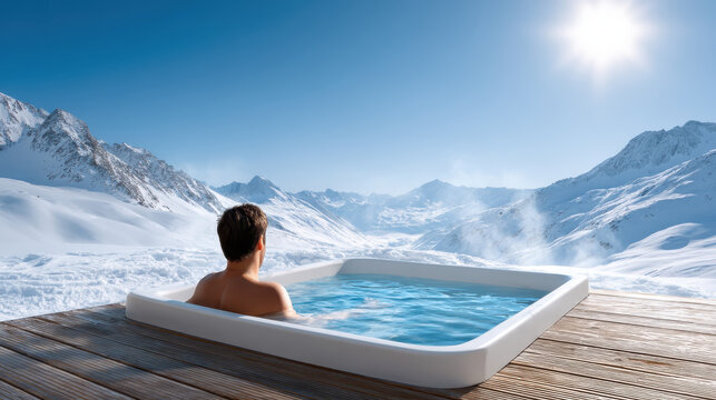 Cozy winter scene with person relaxing in hot tub surrounded by snowy mountain peaks perfect for ski and snowboard travel