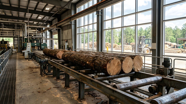 Pine Logs Moving On Conveyor Belt Inside Industrial Sawmill Facility | Raw Tree Trunks On Automated Roller Conveyor System At Lumber Mill | Timber Logs Transported On Metal Conveyor In Modern Sawmill 