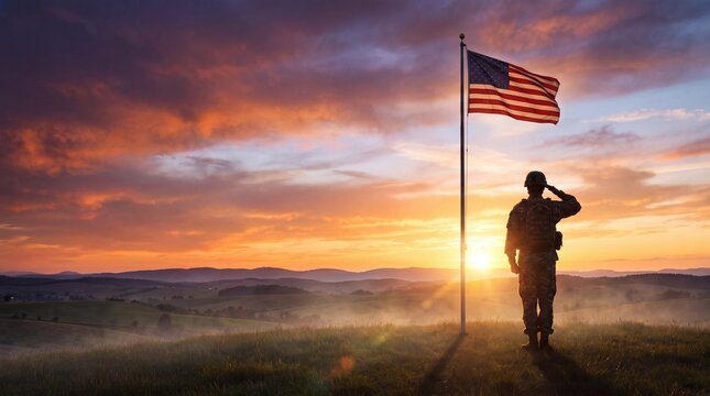 Honoring veterans day silhouette of soldier saluting american flag at sunset patriotic remembrance