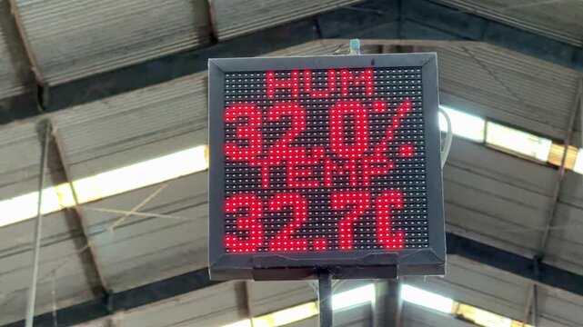 LED digital screen displaying temperature and humidity close up, warehouse monitoring device, technology concept.
