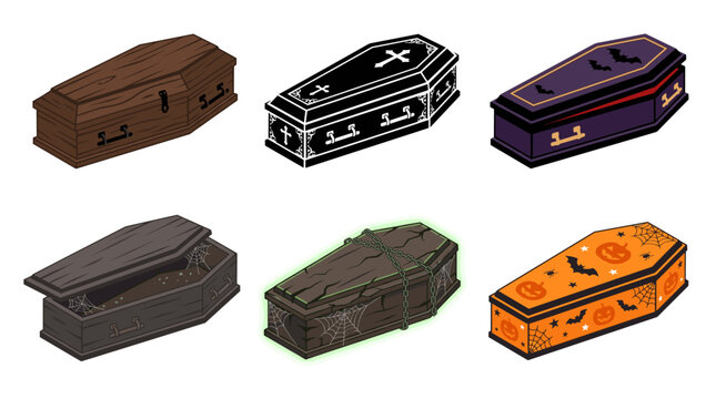 Vector collection featuring different Halloween coffins, wooden coffin, gothic coffin, vampire coffin, open coffin, haunted coffin, decorative coffin