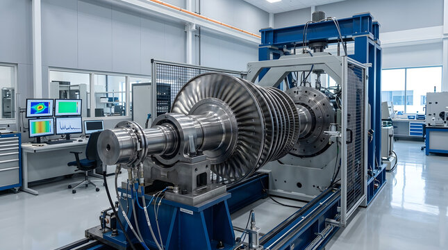 Industrial Steam Turbine Rotor Unit On Test Bench In Modern Facility | Heavy Duty Power Generation Turbine Shaft In Advanced Testing Lab | Industrial Gas Turbine Rotor Mounted On Assembly Stand