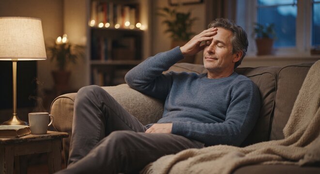 Tired mature man rubbing his forehead while resting on a comfortable sofa in a cozy living room.