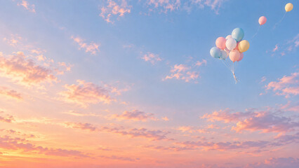 Fototapeta premium Pastel Balloons Floating in Dreamy Pink and Blue Sky with Copy Space