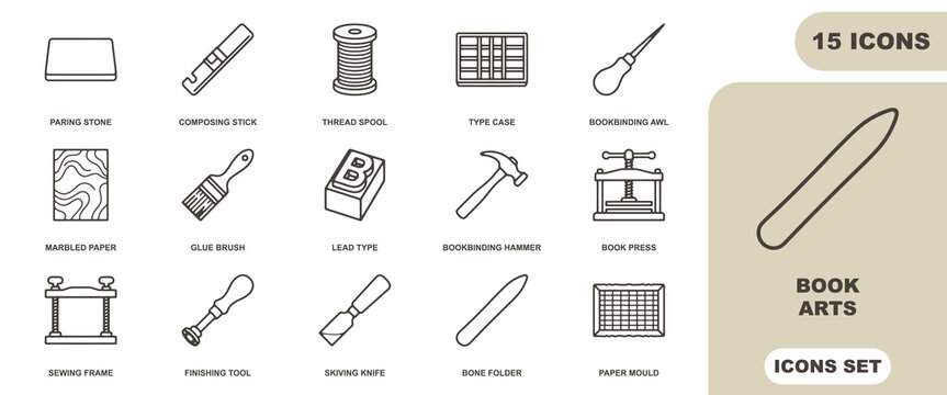 Book arts icon sheet, 15 linear icons depicting traditional bookbinding and printing tools including presses, type, and crafting implements