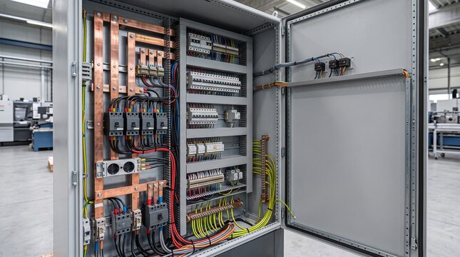 Industrial electrical control cabinet with copper busbars and wiring.