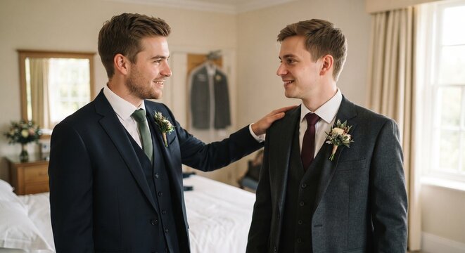 Two handsome groom best men or friends in stylish suits smiling and looking at each other warmly.