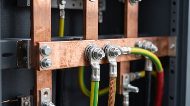 Copper busbar electrical distribution panel with connected grounding cables.