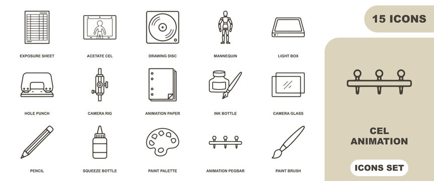 Cel animation icon set, 15 linear icons including exposure sheet, disc, mannequin, light box, pegbar, paint palette, and ink bottle