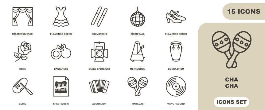 Set of 15 linear icons representing music and dance, featuring theater curtains, flamenco dress, maracas, conga drum, accordion, and stage equipment