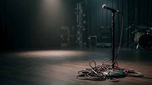A mic stand is positioned in the center of a stage. Cables are tangled around the base. A drum set can be seen in the background. The setting appears ready for a performance
