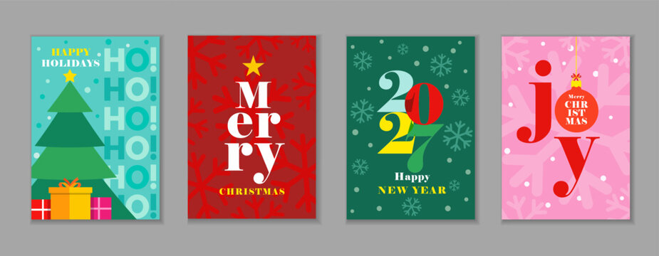 Set of Merry Christmas creative cards and Happy Holidays 2027 modern posters. Vector illustration for Happy New Year 2027 greetings or Xmas banners design