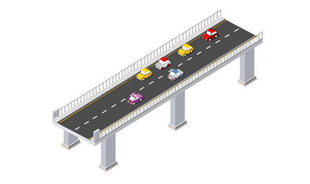 Isometric road bridge with driving cars on highway