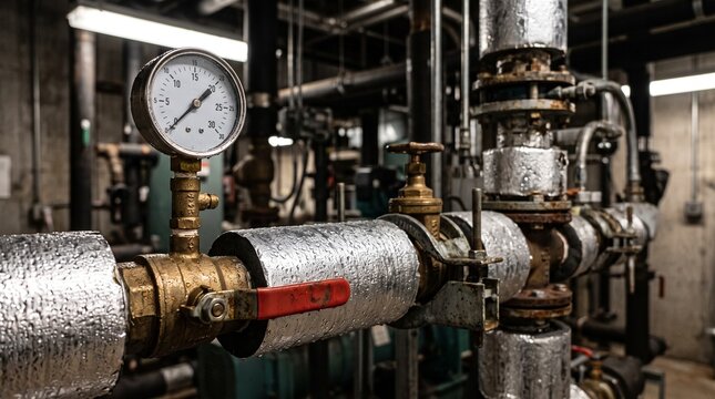 Industrial pipe system with pressure gauge and control valves.