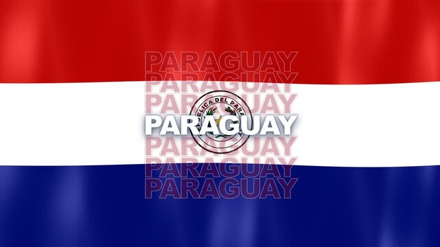 Horizontal Red, White, Blue Tricolor Flag Of Paraguay Displaying National Coat Of Arms Emblem And Text.