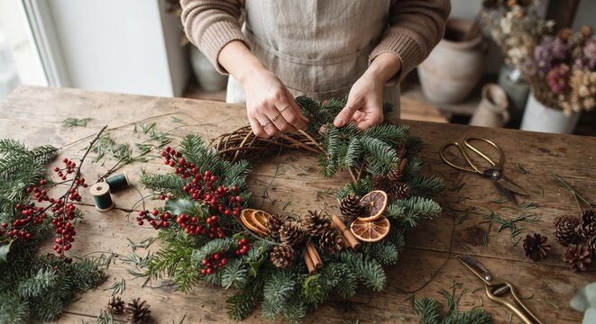 Woman crafting handmade Christmas wreath with fir branches, red berries, and dried oranges.