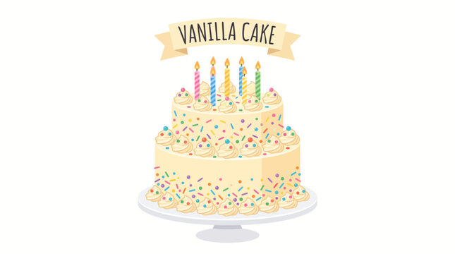  Colorful vanilla birthday cake with soft vanilla sponge, smooth buttercream frosting, colorful sprinkles, cream swirls, and candles, isolated on a clean white background. Modern flat vector fo
