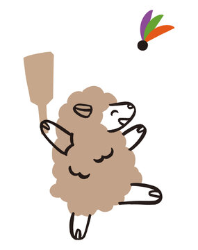 2027 Japanese New Year card: Sheep playing Hanetsuki, traditional paddle game