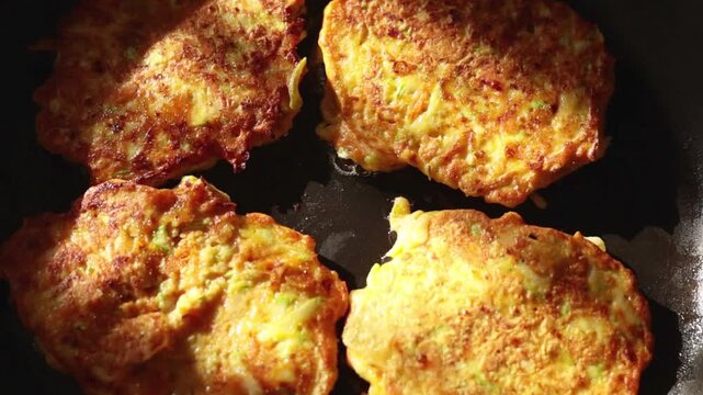 Healthy vegetable fritters frying in a skillet. Zucchini and carrot patties cooking on a stove. Homemade vegan food recipe.
