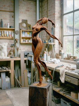 Wooden Dancer Sculpture in Workshop