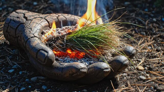 Burning fire in a wooden hand, flames consuming grass and kindling on the ground, close up view