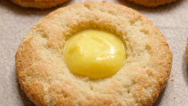 Lemon curd filling the center of a shortbread cookie