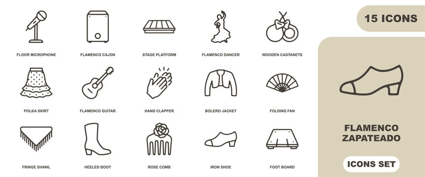 Flamenco dance icon set, featuring outline of musical instruments, traditional clothing, footwear, and performance accessories