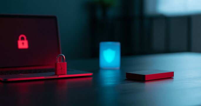 Laptop with padlock and digital security icons