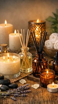 Lit Candles and Reed Diffusers in a Spa Setting