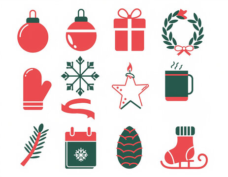 Flat Vector Christmas Winter Icon Set Twenty Icons Red and Green
