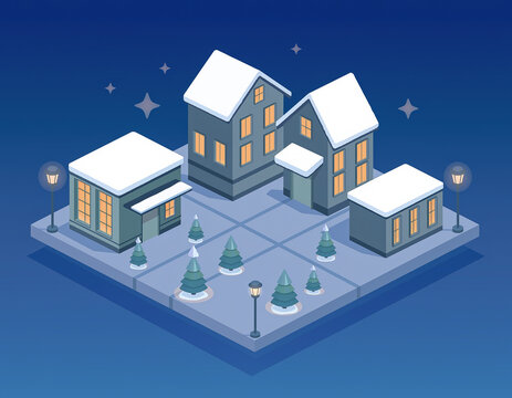 Flat Vector Isometric Christmas Village with Amber Windows