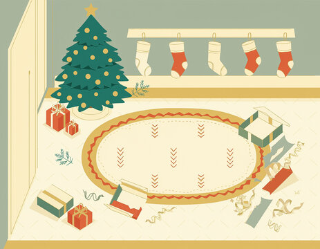 Flat Vector Illustration Christmas Morning Living Room from Above