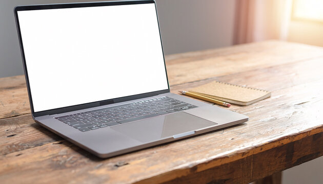 Open Laptop Blank Screen on Rustic Wooden Desk Mockup