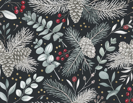 Seamless Botanical Winter Evergreen Pattern on Charcoal with Gold