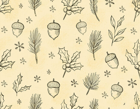 Seamless Hand-Drawn Winter Botanical Pattern on Cream