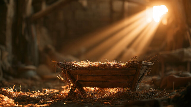 The empty manger with straw is illuminated by soft, golden rays, creating a symbolic Christmas image of anticipation and hope.