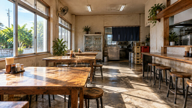 Empty interior of a small local diner in Japan before opening, wooden tables in the morning light