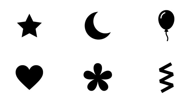 Various simple black silhouette icons including a star, moon, balloon, heart, flower, and zig-zag shape on a white.