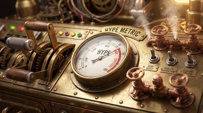 Retro-futuristic steampunk control console with heavy brass levers and &ldquo;HYPE METRIC&rdquo; pressure gauge, polished metallic textures, fake technology demonstration concept