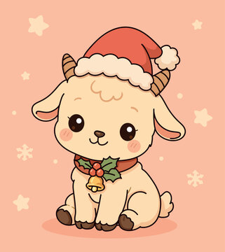 Cute cartoon goat in a red Santa hat and a holly collar, sitting, Christmas theme, pink background with stars and snowflakes, kawaii style