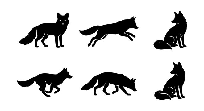 Silhouettes of foxes are depicted in various dynamic poses including standing, running, and sitting.