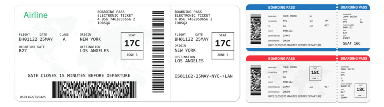 Plane Ticket Templates, Air Travel Boarding Pass Designs, Flat Vector Illustration