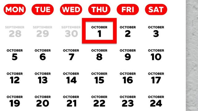Red cursor highlighting October 1st on a 2026 wall calendar page. United States calendar style, Sunday start week layout
