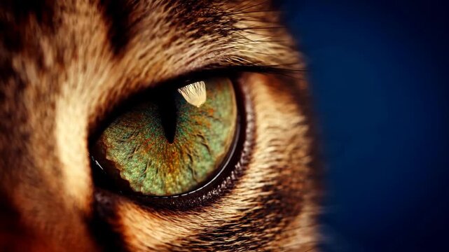 VDO, Create a premium photorealistic stock photography close-up of cat eye with intricate iris fibers and wet catchlight, against deep navy; extreme macro, centered hero composition