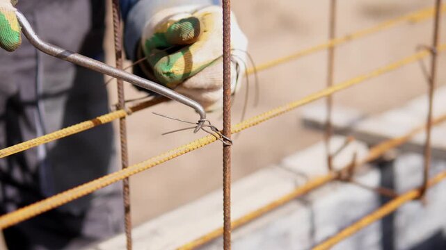 Close view of construction worker hands fastening steel rebar with pliers beside yellow and rusted bars, showing careful manual assembly inside reinforced concrete structure with blurred background