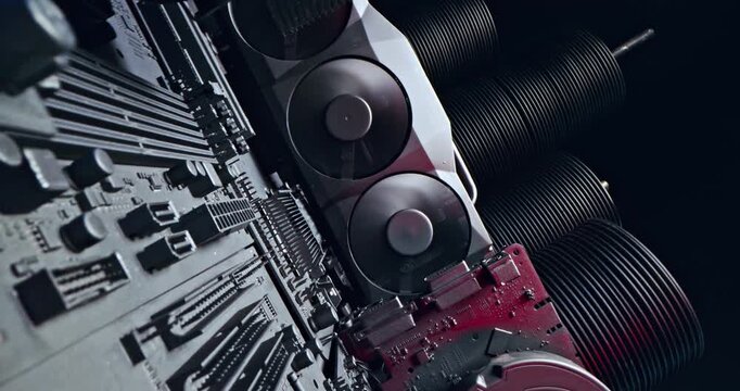 Working motherboards with heatsink and fans and graphics card