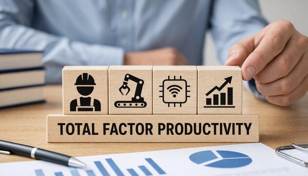 Person arranging blocks illustrating total factor productivity concepts on desk
