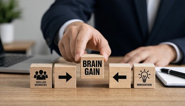 Person arranging blocks showing brain gain from skilled workers to innovation