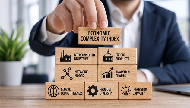 Person building economic complexity index blocks with business icons